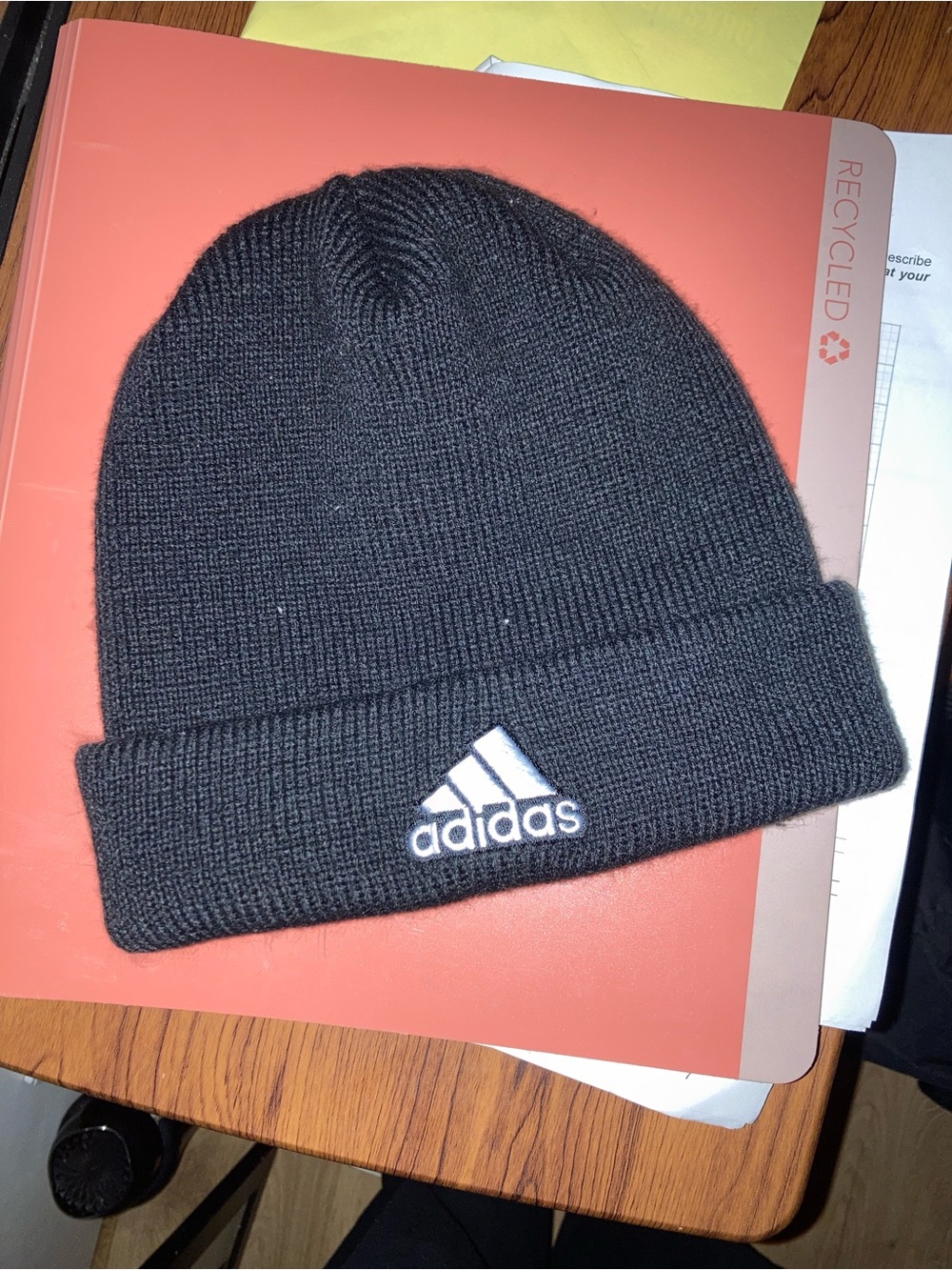 adidas Black Ribbed Cuffed Beanie with White Logo
